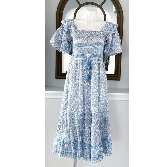 Bell Ashley Ruffled Puff Sleeve Midi Dress in Blue White, NWT, Size XL - Picture 7 of 16